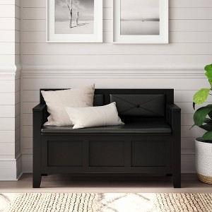 Linon 44.5" Carlton Solid Wood Faux Leather Upholstered Padded Storage Bench Black: Entryway Ottoman, Shoe Organizer - 1 of 4