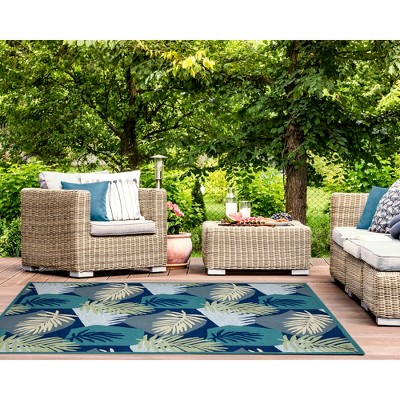 Abstract Navy and Aqua Handmade Synthetic Rug 42.5"