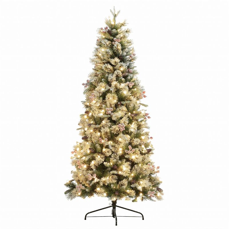 LuxenHome 6.5' Pre-Lit Flocked Artificial Christmas Tree with Berries and Pine Cones Green, 2 of 16