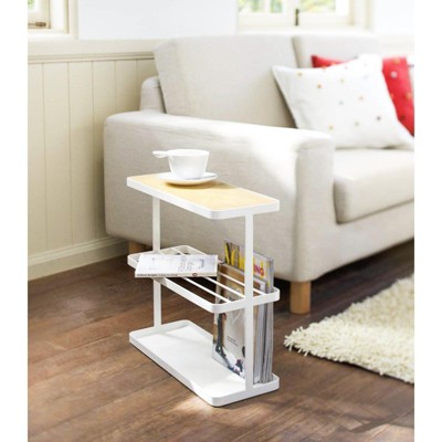 Slim White Metal and Wood Side Table with Storage Shelves