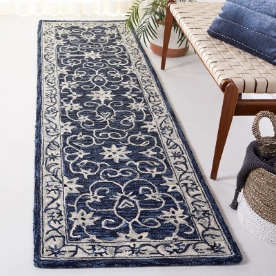 Navy and Ivory Floral Wool Hand-Tufted Runner Rug, 2'3" x 9'