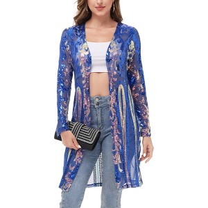 Anna-Kaci Women's Long Sequin Cardigan Open Front Sheer Duster Jacket - 1 of 4