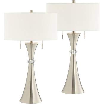 360 Lighting Rachel Art Deco Style Table Lamps 28" Tall Set of 2 Column Silver Metal with Table Top Dimmers White Drum for Bedroom Living Room Bedside