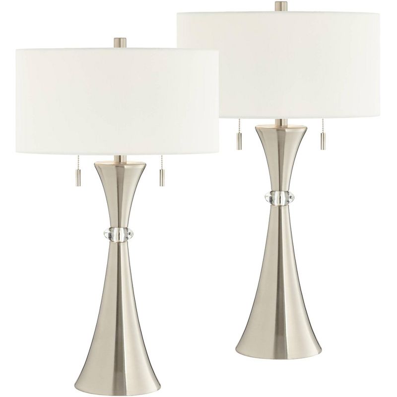 360 Lighting Rachel Art Deco Style Table Lamps 28" Tall Set of 2 Column Silver Metal with Table Top Dimmers White Drum for Bedroom Living Room Bedside, 1 of 8