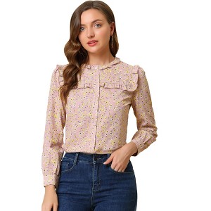 Allegra K St Patrick's Day Boho Daisy Floral Ruffled Neck Button Down Long Sleeve Blouses - 1 of 4