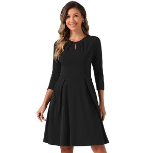 INSPIRE CHIC Women's Crew Neck 3/4 Sleeve Pleated Neck A-Line Above Knee Dress - 1 of 4