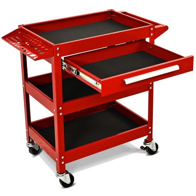 Red Steel Three Tray Rolling Utility Cart with Drawer