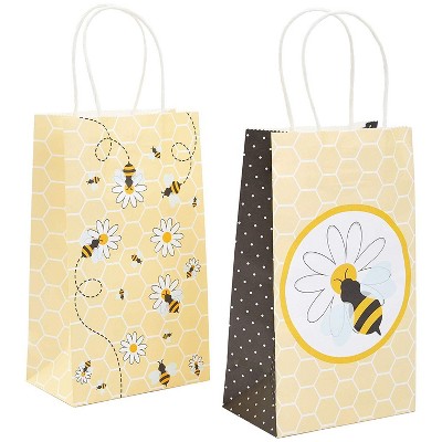 24 Packs Bumble Bee Party Paper Gift Bags with Handles for Baby Shower Birthday Parties, Yellow, 5 x 9 x 3 inches