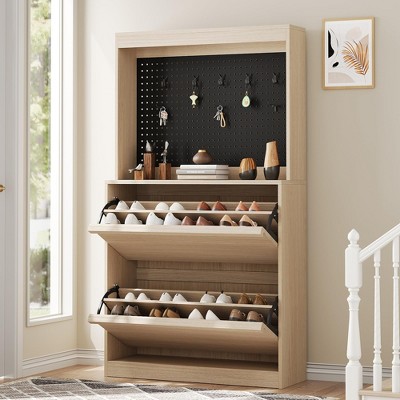 Shoe Cabinet with 2 Flip Drawers, Freestanding Shoe Storage with Pegboard, Wooden Shoe Organizer Cabinet
