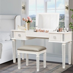 Gulches Mirrored Vanity Desk Set - Drawers, Mirror & Stool, Flip Up Dressing Table, Women/Girl Bedroom Furniture Combo - 1 of 4