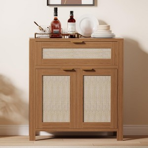 Modern Rattan Sideboard Buffet Cabinet with Doors, Narrow Storage Cabinet with Adjustable Shelves - 1 of 4