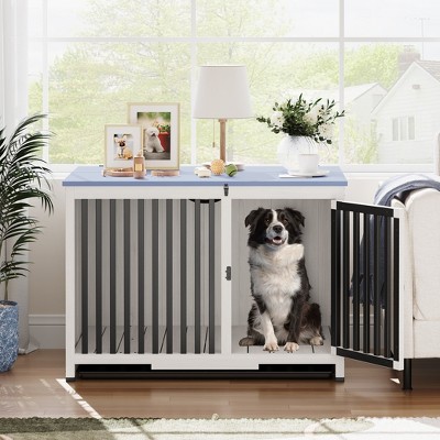 39.5in Furniture Dog Crate, Large/Medium Dog Crate End Table, Solid Wood Portable for Crate Indoor, No Assembly Needed (White and Blue)