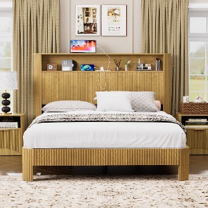 Lyngins Modern Platform Bed Frame with Wave-Shaped Curved Panels, Queen Size Bed Frame with Storage Headboard, All-Metal Support, Premium Wood Accents - 1 of 4