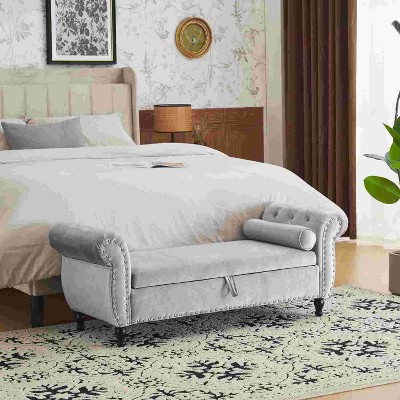 CAVINAS Storage Bench for Bedroom,Rectangular Velvet Fabric Storage Ottoman Bench with 1 Pillow for Living Room,Bedroom,Beige/Gray