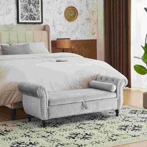 CAVINAS Storage Bench for Bedroom,Rectangular Velvet Fabric Storage Ottoman Bench with 1 Pillow for Living Room,Bedroom,Beige/Gray - 1 of 4