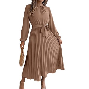 Women Pleated Dress Long Sleeve Stand Up Collar A-Line Flowing Dress With Belt - 1 of 4