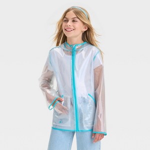 Girls' Solid Iridescent Rain Coat - Cat & Jack™ Turquoise Blue - 1 of 3