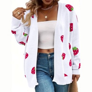 Women's Plus Size Cardigan Soft Print Long Sleeve Open Front Knit Sweaters - 1 of 4