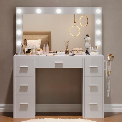 Modern Vanity Table, Make Up Table with Lighted Mirror, Power Outlets, 7 Drawers, Hair Dryer Holder