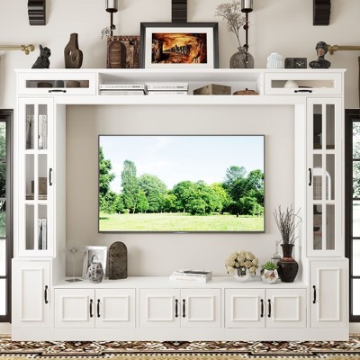 Famapy White TV Entertainment Center With Storage Shelves and Glass Doors