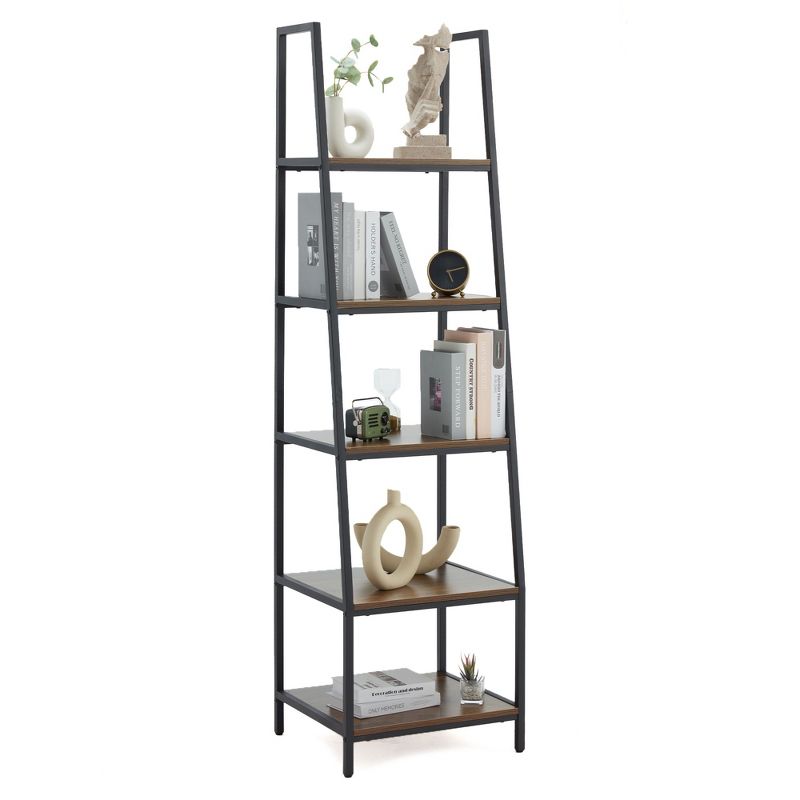 JOMEED CC80 Industrial Freestanding Durable 72 Inch 5 Tier Open Shelf Ladder Bookcase with Rubber Feet and Wall Bracket, Gray and Brown, 4 of 7