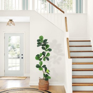 Fiddle Leaf Fig Tree, Artificial Tree with Grey Planter，Faux Floor Plant, Indoor Fake Plants for Home Office Decor - 1 of 4