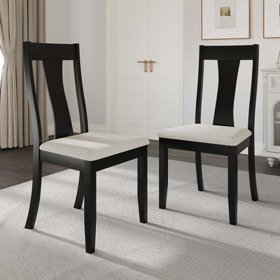 Black Wood Side Chair with Linen Upholstered Seat, Set of 2