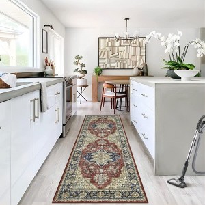 Machine Washable Faux Wool Vintage Floral Printed Area Rug Ultra Thin Low Pile Non Slip Non Shedding Indoor Carpet - 1 of 4
