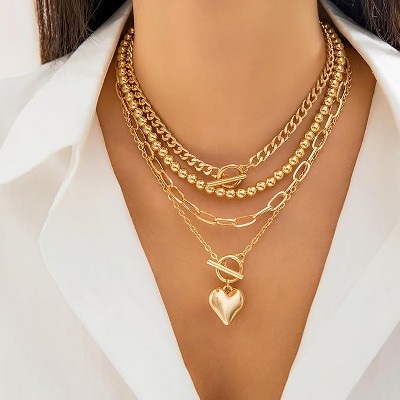 HTUTWOO Layered Gold Necklace Non Tarnish Stack for Women Paperclip Chain Necklace Retro Coin Medallion Heart Pendant Necklace Gold Jewelry Set
