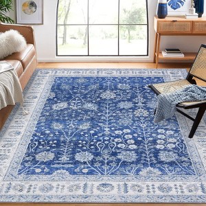 Vintage Floral Area Rug - Machine Washable, Waterproof, Super Soft Faux Wool Carpet, Non-Slip Low Pile, Kid & Pet Friendly, for Bedroom, Living Room - 1 of 4