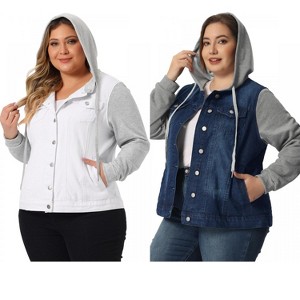 Agnes Orinda Women's Plus Size Layered Drawstring Hoodie Denim Jean Jackets - 1 of 4
