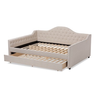 Light Beige Full Upholstered Daybed with Trundle and Tufted Headboard