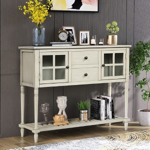 Farmhouse Sideboard Console Table with Bottom Shelf, Glass-Front Cabinets & Drawers, Distressed Pine Wood Buffet Storage for Living Room - 1 of 4