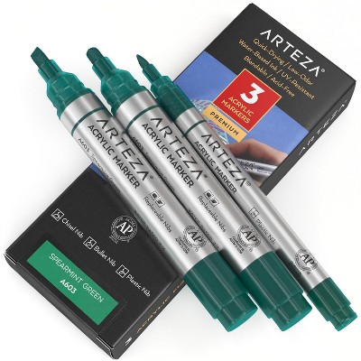 Arteza Acrylic Markers (A604 Spearmint Green), 2 Big Barrel (chisel+bullet nib) + 1 Small Barrel, Single Color - 3 Pack