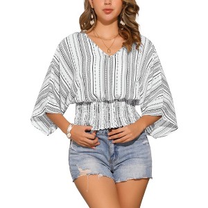 INSPIRE CHIC Women's Summer 3/4 Sleeve V Neck Boho Print Chiffon Smocked Waist Dolman Blouses - 1 of 4