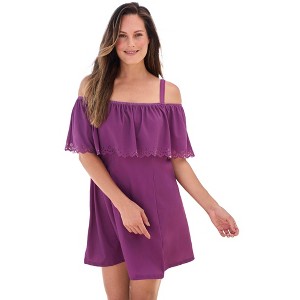 Swim 365 Women's Plus Size Laser-Cut Off-The-Shoulder Swim Dress - 1 of 4