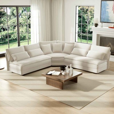 5-Seater L-Shaped Sectional Sofa, Sofa with Curved Corner and 7 Pillows, Upholstered Corduroy Sofa with Cushion and Wood Frame-Coolbibila