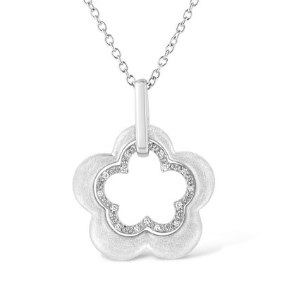 Haus of Brilliance Matte Finished Silver Diamond Accent Flower Satin Finished Pendant Necklace
