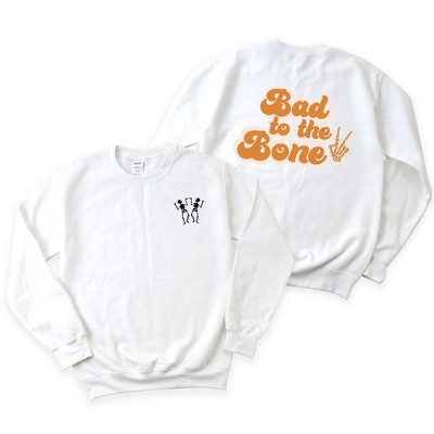 Simply Sage Market Women's Graphic Sweatshirt Bad To The Bone Hand / Two Dancing Skeltons Front and Back
