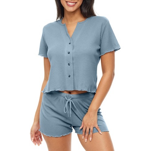 ADR Women's Ribbed Knit Pajamas Set, Short Sleeve Button Up Top and Pajama  Thermal Underwear Shorts Blue Large