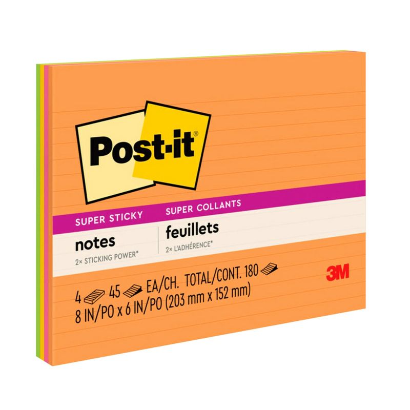Post-it Super Sticky Large Lined Notes, 8 x 6 Inches, Energy Boost, Pack of 4, 1 of 6