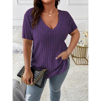 Women's Plus Size V Neck Casual Tops  Color Shirts Lightweight Short Sleeve Blouses