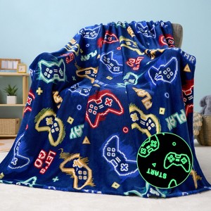Joyfy Glow in The Dark Gaming Blanket Gamer Gifts for Boys Age 2-12 Years Old, Soft Cozy Flannel Blue Kids Throw Blanket, Birthday Bedroom Decor 50x60 - 1 of 4