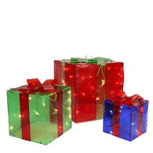 Northlight Lighted Gift Box Outdoor Christmas Decoration - 10" - Multicolor -Set of 3 - 1 of 3