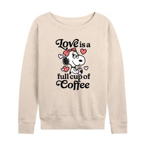 Women's - Peanuts - Belle Love Is A Full Cup Of Coffee with Hearts Lightweight French Terry Wide Neck Long Sleeve Shirt - 1 of 4