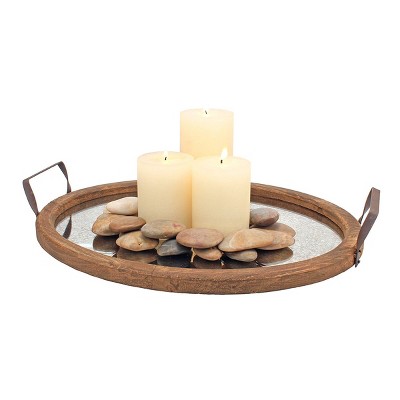 Rustic Oval Distressed Wood Tray with Antique Mirror Base