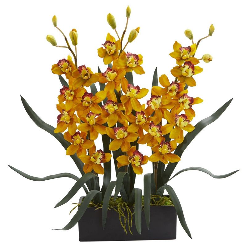Nearly Natural 25-in Cymbidium Orchid Artificial Arrangement in Black Vase, 3 of 4