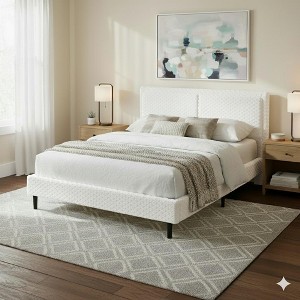Queen Size Camel Plush Soft Upholstered Bed Wood Frame & Upholstered Headboard-- Frevyn - 1 of 4