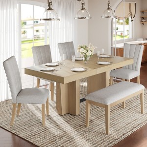 6 Piece Extendable Dining Table Set for 6, Farmhouse Dining Set Kitchen Table Set with 4 Upholstered Chairs & Bench - ModernLuxe - 1 of 4