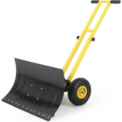 TackView Snow Shovel with Wheels, Heavy Duty Double Rod Wheeled Snow Pusher with Metal Blade, for Driveway Sidewalk Yard
